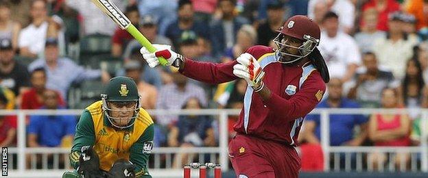 West Indies' Chris Gayle hits out against South Africa