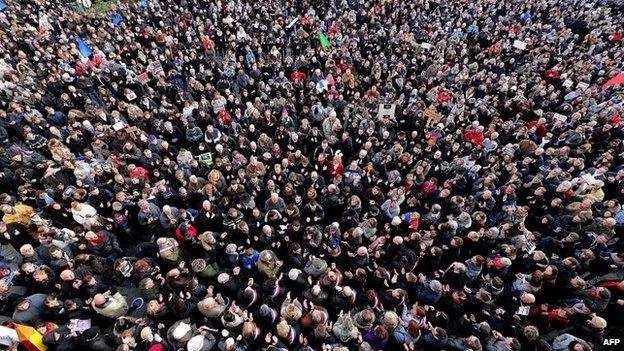 People take part in a Unity Rally "Marche Republicaine" in Reims on 11 January 2015