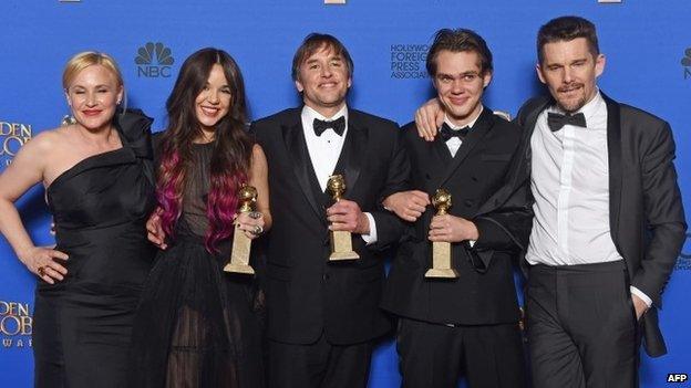 Boyhood cast and director Patricia Arquette, Lorelei Linklater, Richard Linklater, Ellar Coltrane and Ethan Hawke