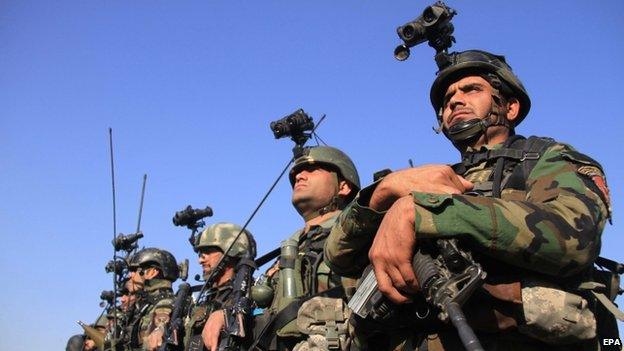 Afghan security officials attend the security transfer ceremony in laghman province, Afghanistan, 11 January 2015.