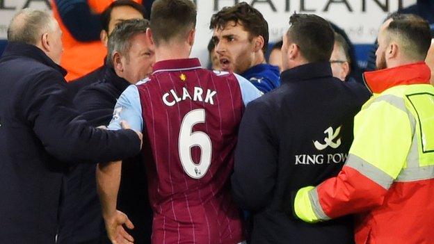 Aston Villa defender Ciaran Clark and Leicester midfielder Matty James after they were sent-off in a game between their sides