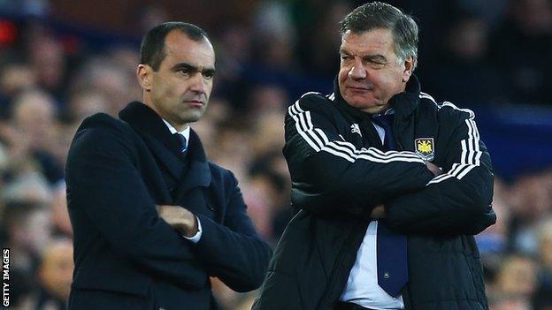 Everton manager Roberto Martinez (left) and West Ham boss Sam Allardyce