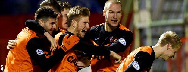 Dundee United celebrate as Stuart Armstrong opens the scoring