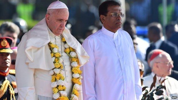 Pope Francis being greeted by the new Sri Lankan president Maithripala Sirisena