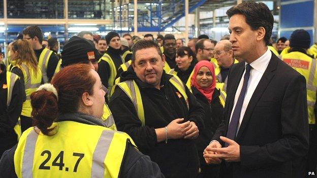 Ed Miliband and warehouse workers