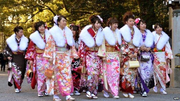Japanese women dressed in kimonos for their coming-of-age ceremony