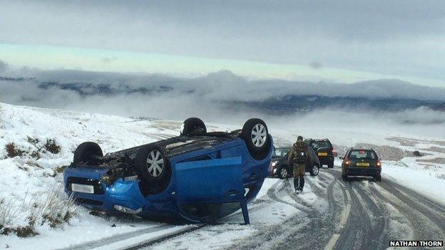 Car overturned on the B4560 between Crickhowell and Beaufort