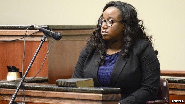 Briana Bailey, the daughter of shooting victim Bernard Bailey, takes the stand in the second day of testimony in the murder trail for former Eutawville Police Chief Richard Combs, in Orangeburg, South Carolina 8 January 2015