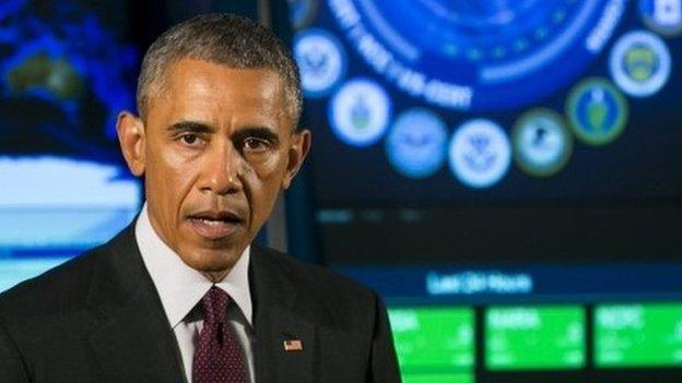 US President Barack Obama delivers remarks at the National Cybersecurity and Communications Integration Center (NCCIC) in Arlington, Virginia, USA, 13 January 2015