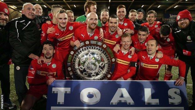 Cliftonville celebrate after winning the County Antrim Shield