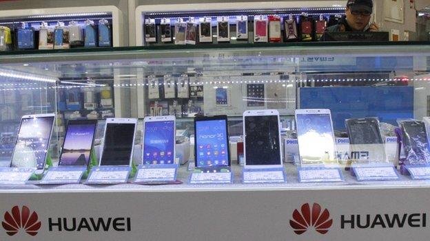 Huawei smartphones in shop window