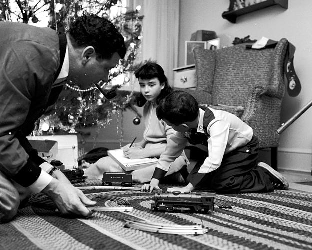 Toy trains on Christmas Day, 1950s