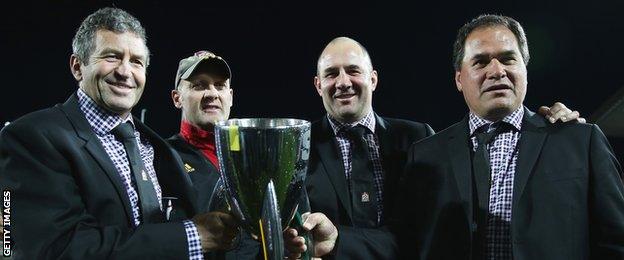 Tom Coventry (second from right) with the Chiefs coaching team after winning the Super Rugby title