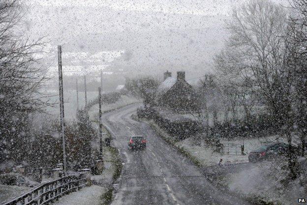 Snow falls in Omagh, Northern Ireland