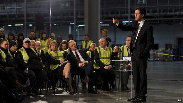 Ed Miliband taking questions from an audience at a B&Q distribution centre in Worksop