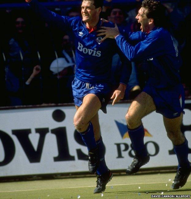 Frankie Bunn (left) and Rick Holden of Oldham celebrate against Leeds in April 1990