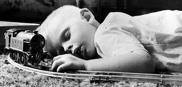 Toy train on Christmas Day, 1930s