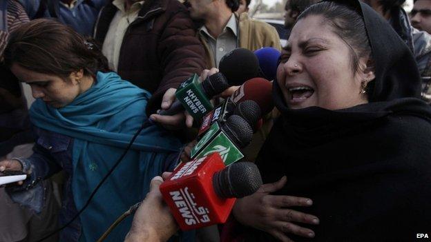Relatives and parents of victims of school massacre shout slogans against Imran Khan. 14 Jan 2015
