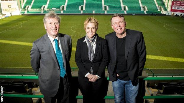 Founding Directors of the Hibernian Supporters Limited Charlie Reid (right), MSP for Edinburgh Eastern Kenny MacAskill (left) and Hibernian chief executive Leeann Dempster