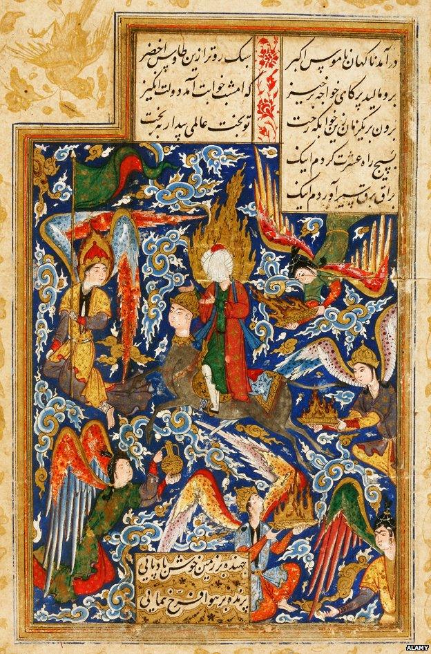 Image from a 16th Century Iranian manuscript showing the ascension to Heaven