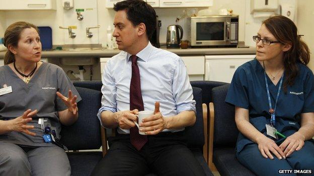 Ed Miliband chatting with radiotherapists at a London hospital