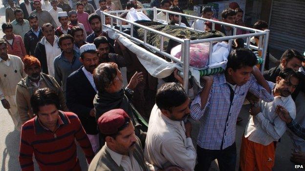 People attend the funeral ceremony of polio health worker Muhammad Sarfarazin Faisalabad, Pakistan, 10 December 2014