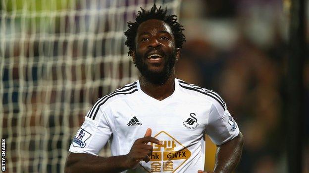 Wilfried Bony celebrates scoring for Swansea