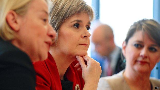 First Minister of Scotland Nicola Sturgeon (centre) during a meeting at Portculis House, central London, with the leader of the Green Party of England and Wales, Natalie Bennett (left) and the leader of Plaid Cymru Leanne Woodand