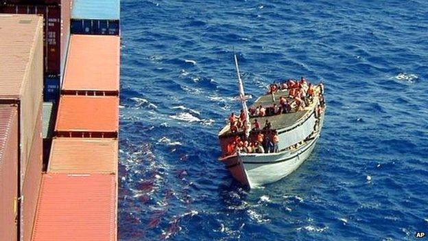 A boat carrying asylum seekers, trying to reach Australia, comes alongside a Norwegian ship in 2001