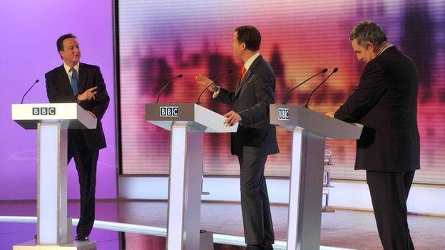 David Cameron, Nick Clegg and Gordon Brown participating in the final of three live televised debates in 2010