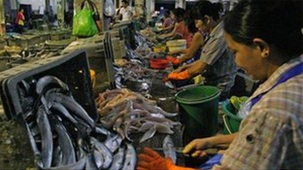 Women prepare the fish for market