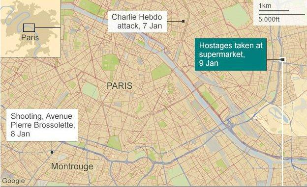 Map of Paris showing the locations of three deadly attacks in January 2015