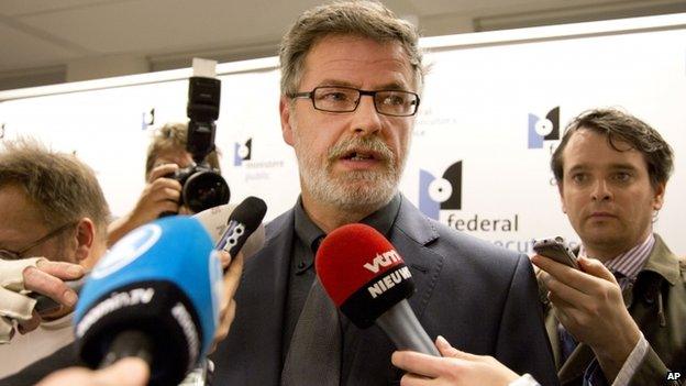 Prosecutor Eric Van Der Sypt speaks to media in Verviers. Photo: 15 January 2015