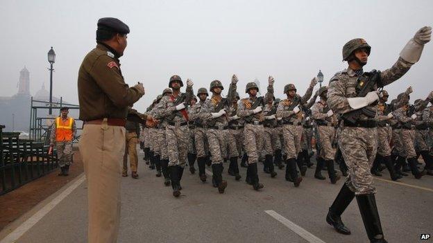 Indian paramilitary soldiers march during rehearsals for the upcoming Republic Day parade in New Delhi, India, Thursday, Jan. 14, 2015.