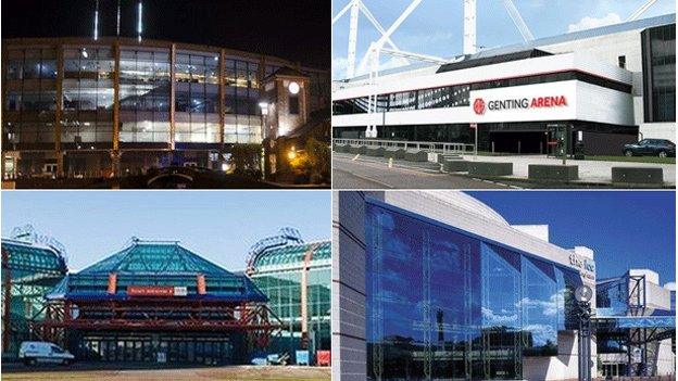 Clockwise from top Barclaycard Arena, Genting Arena, ICC and the NEC