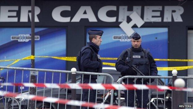 Police outside Hyper Cacher kosher supermarket in Paris