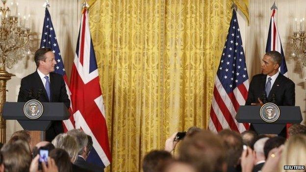 David Cameron speaking at a press conference with Barack Obama in the White House