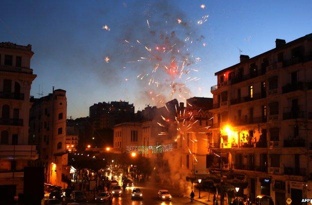 Fireworks over Algiers as supporters of President Abdelaziz Bouteflika celebrate his election victory, 18 April 2015