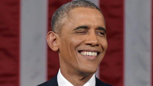 President Barack Obama winks during the State of the Union address.