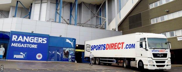 A Sports Direct lorry delivers at Ibrox