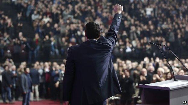 Greece's main opposition Syriza party leader Alexis Tsipras addresses his party's Congress in Athens on Saturday, Jan. 3, 2015