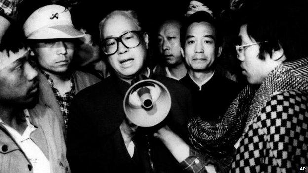 In this May 19, 1989 file photo, Communist Party General Secretary Zhao Ziyang, centre with loud hailer, speaks with fasting university students in Beijing's Tiananmen Square, the last time he was seen in public, early Friday May 19, 1989