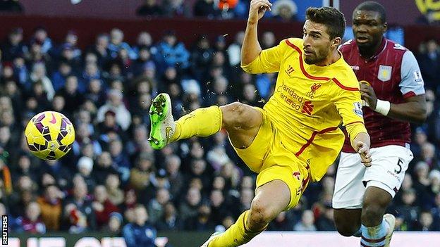 Liverpool striker Fabio Borini scores against Aston Villa