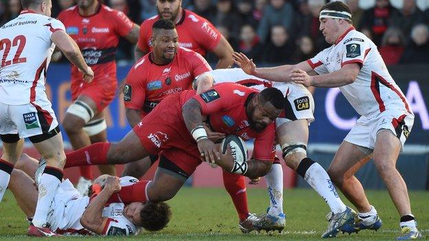 Mathieu Bastareaud barges his way through some Ulster tackling