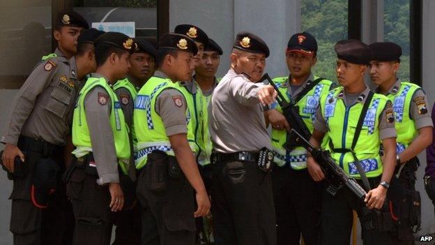 Indonesian police tighten security at the main gate of maximum security prison Nusa Kambangan in Cilacap, Central Java province