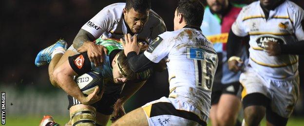 Wasps' Alapati Leuia and Rob Miller gang up on Jack Clifford