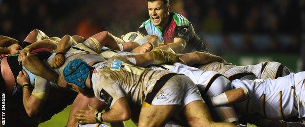 Danny Care waits to put the ball in for Quins at a scrum