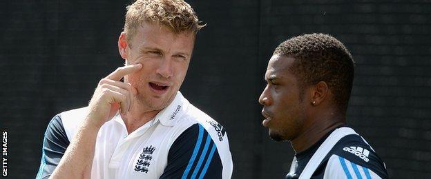 Andrew Flintoff (left) chats to Chris Jordan