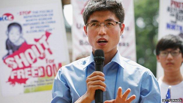 North Korea refugee and human rights activist Shin Dong-hyuk speaks during a rally outside the White House in Washington DC, 10 July 2012