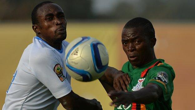 Zambia's Emmanuel Mbola (right) battles with Firmin Ndombe Mubele of DR Congo